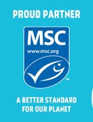 "Proud Partner" table tent sign with MSC blue fish label