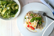 Asian style cod with zesty celeriac quinoa and courgette and cucumber salad